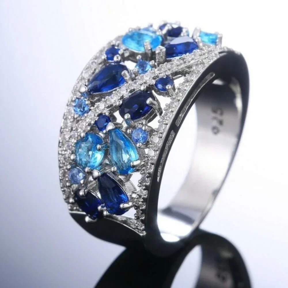 New Gorgeous 925 Silver, Aquamarine & Sapphire Ring
